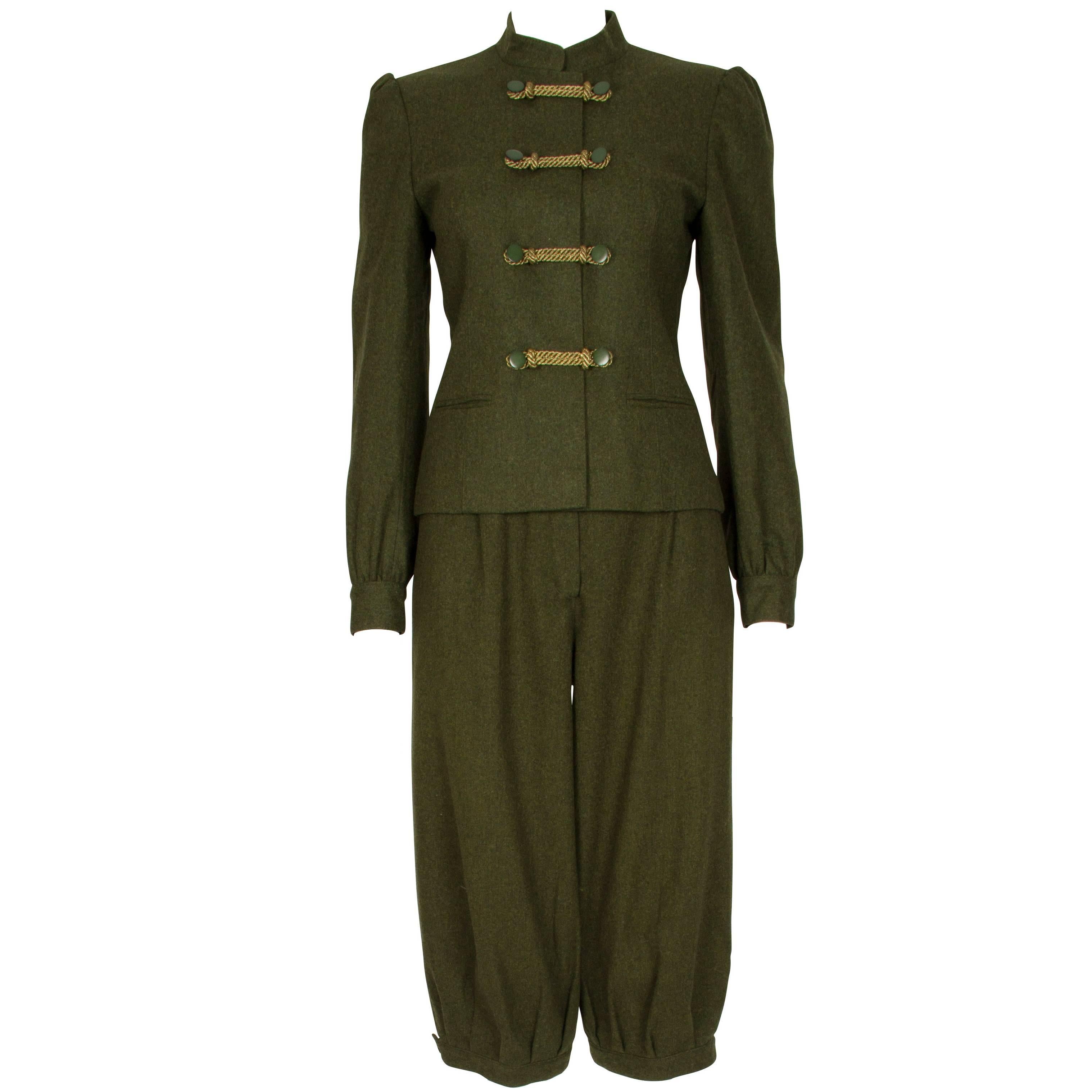 1970s Joy-Trixi Schober Moss Green Wool Hunting Jacket & Culottes Ensemble For Sale