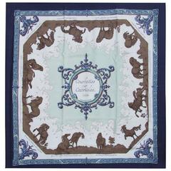 Hermes Silk Scarf Courbettes et Cabrioles 1654 Horses Blue 90 cm