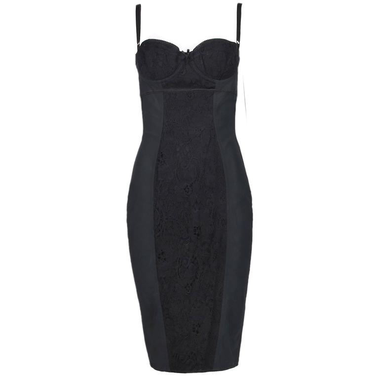 Dolce and Gabbana Black Bodycon Bustier Dress w/Lace Insets For Sale at