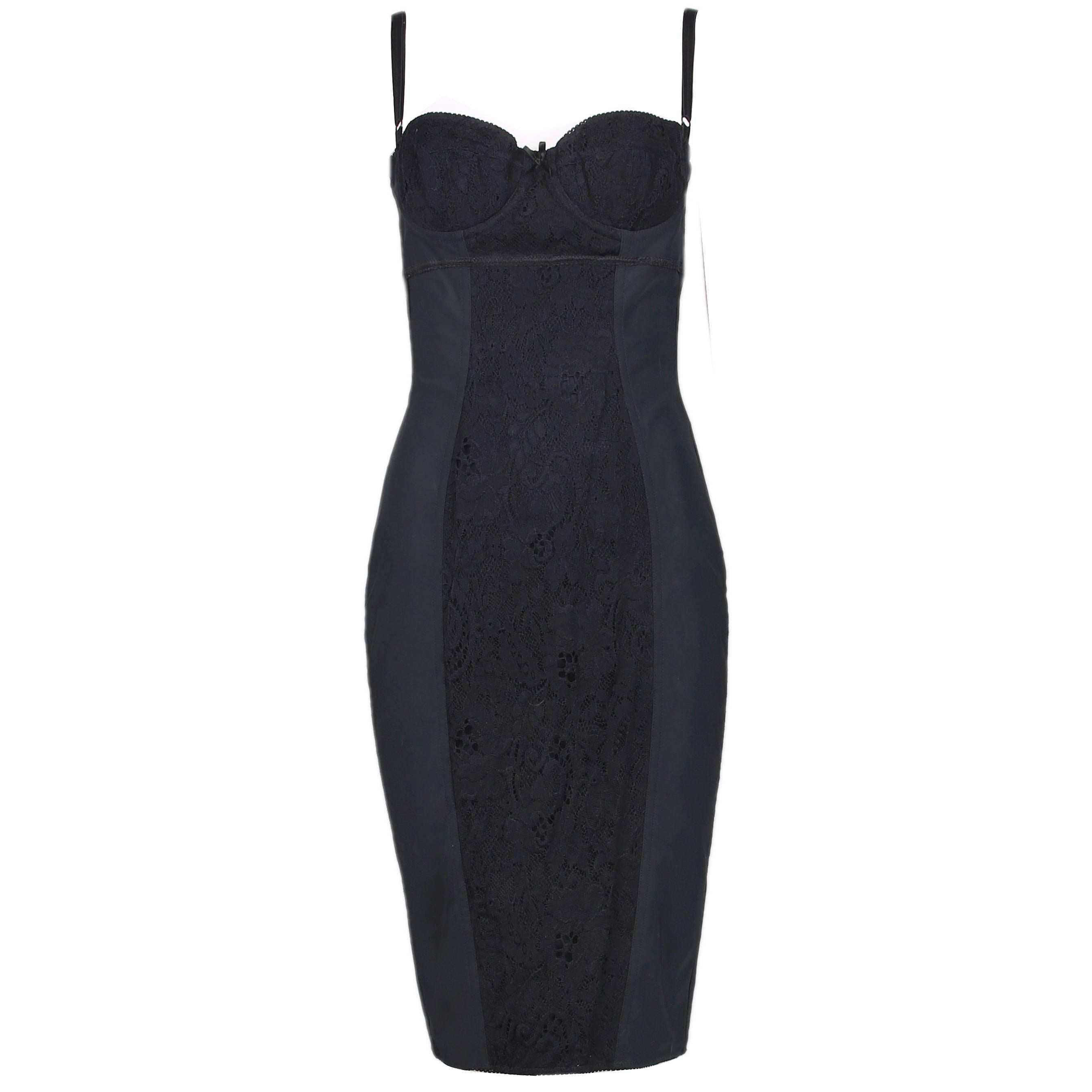 Dolce & Gabbana Black Bodycon Bustier Dress w/Lace Insets For Sale