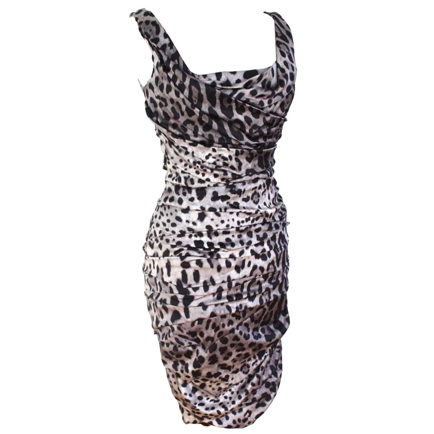 Dolce & Gabbana Black Grey Ruched Stretch Leopard Dress 40 uk 8