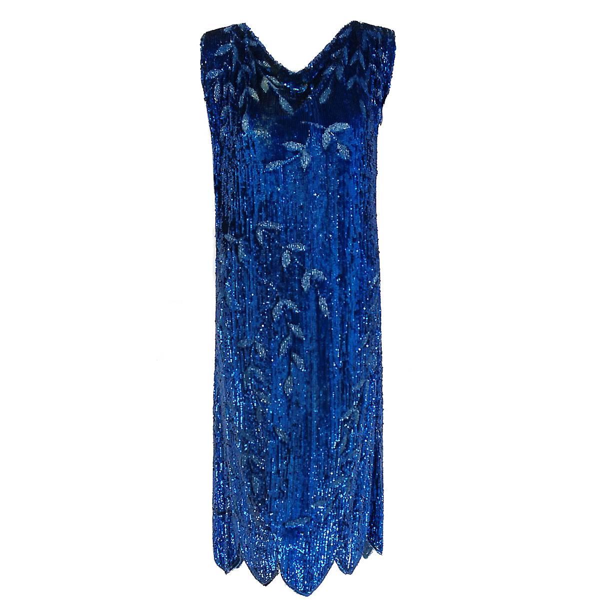 1920's French Sapphire-Blue Sequin Beaded Leaf Novelty Motif Deco Flapper Dress