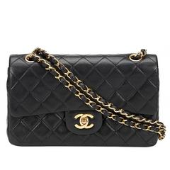 1990s Chanel Black Quilted Lambskin Vintage Small Classic Double Flap Bag