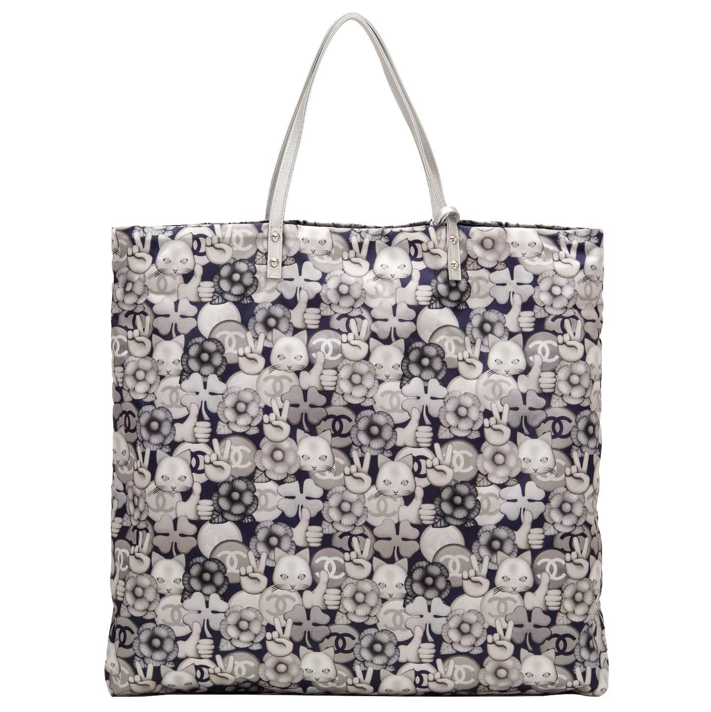 Chanel Navy, Grey And Silver CC Peace Cat Graphic Printed Large Shopping Tote  For Sale