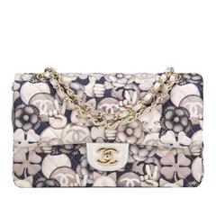 Chanel Grey, Navy And Silver CC Peace Cat Graphic Quilted Medium Classic Double 