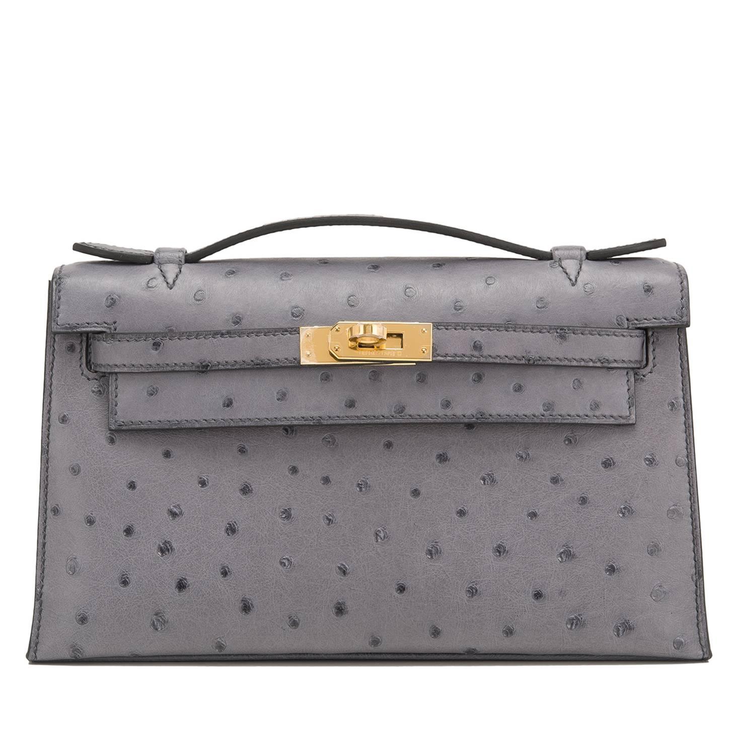 Hermes Gris Agate Ostrich Mini Kelly Pochette Gold Hardware