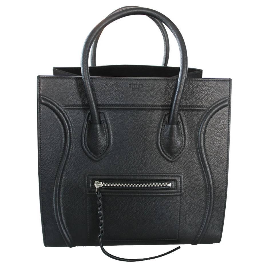 Celine Phantom Black Drummed Calfskin Leather Bag Tote 2016