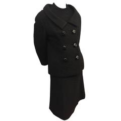 1960's James Galanos Black Boucle Belted Dress and Suit Jacket W/Leather Buttons 5