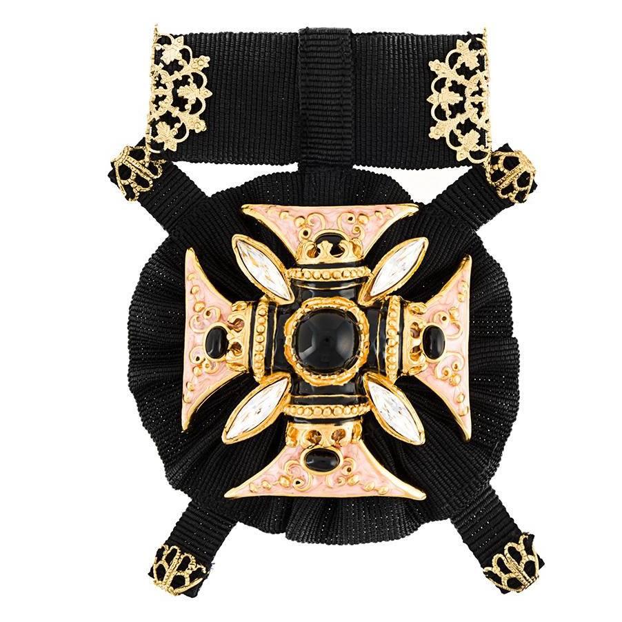 Dolce & Gabbana NEW Black Ribbon Gold Filigree Crystal Pin Brooch in Box 