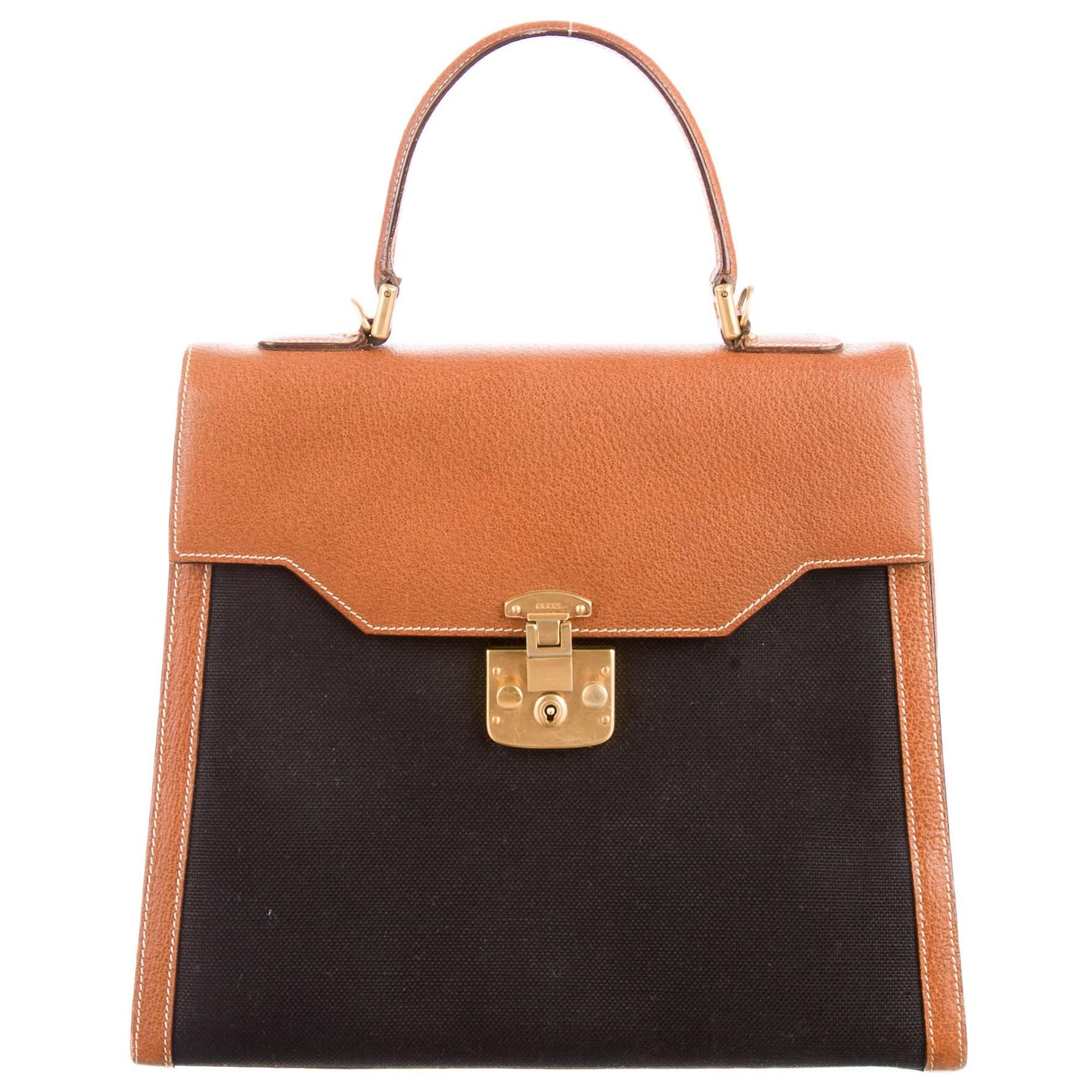 Gucci Vintage Cognac Leather Black Canvas Kelly Top Handle Satchel Shoulder Bag