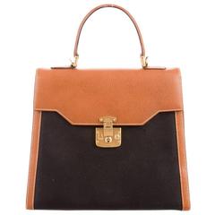 Gucci Vintage Cognac Leather Black Canvas Kelly Top Handle Satchel Shoulder Bag