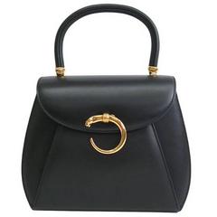 Cartier Black Leather Gold Emblem Charm Kelly Top Handle Satchel Flap Bag in Box
