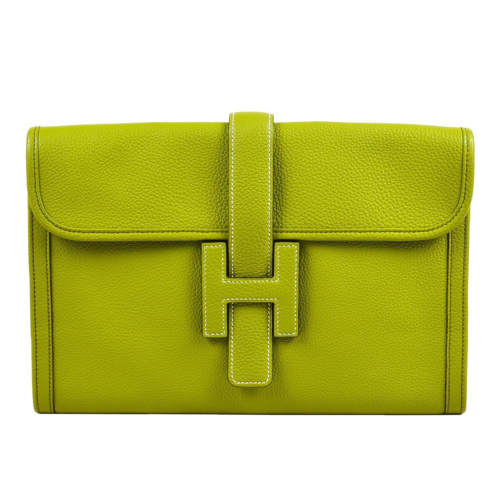 Hermes Vert Anis Green Togo Leather "Jige PM" Flap Clutch Bag For Sale