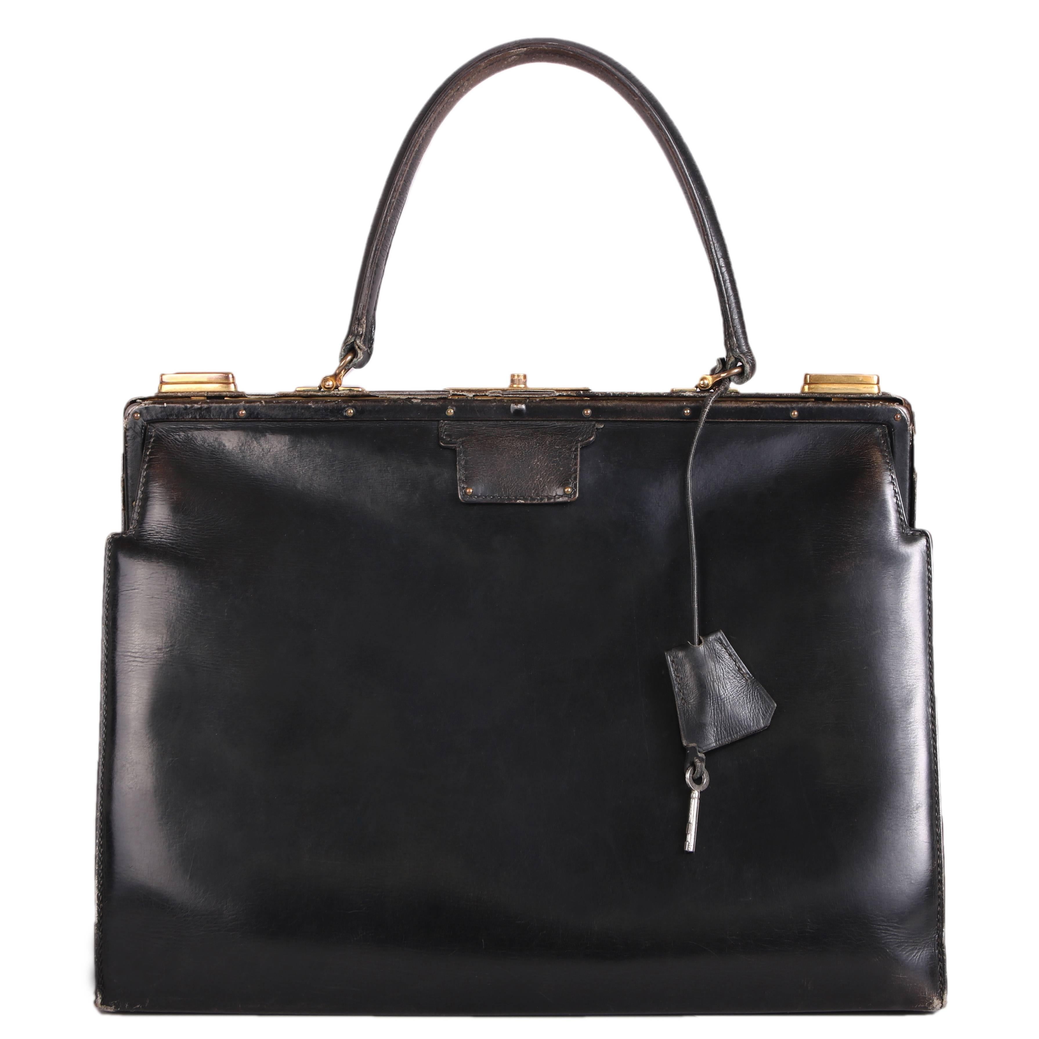 Vintage Hermes Black Leather Top Handle Handbag W/Lock & Key