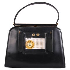 Vintage Milch Black Leather Box Purse Handbag W/Working Radio 