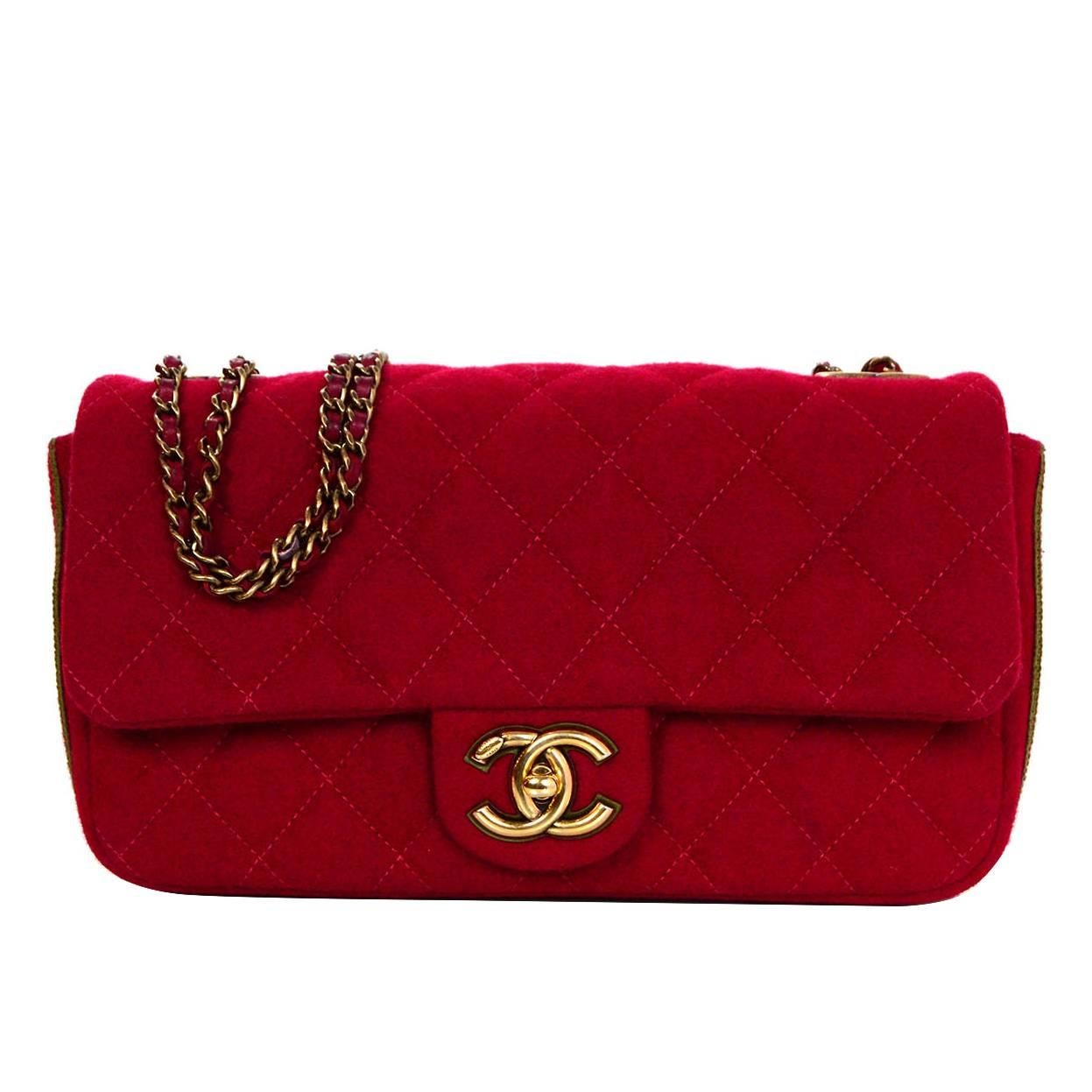 Chanel 2015 Red Wool & Grosgrain Flap Bag