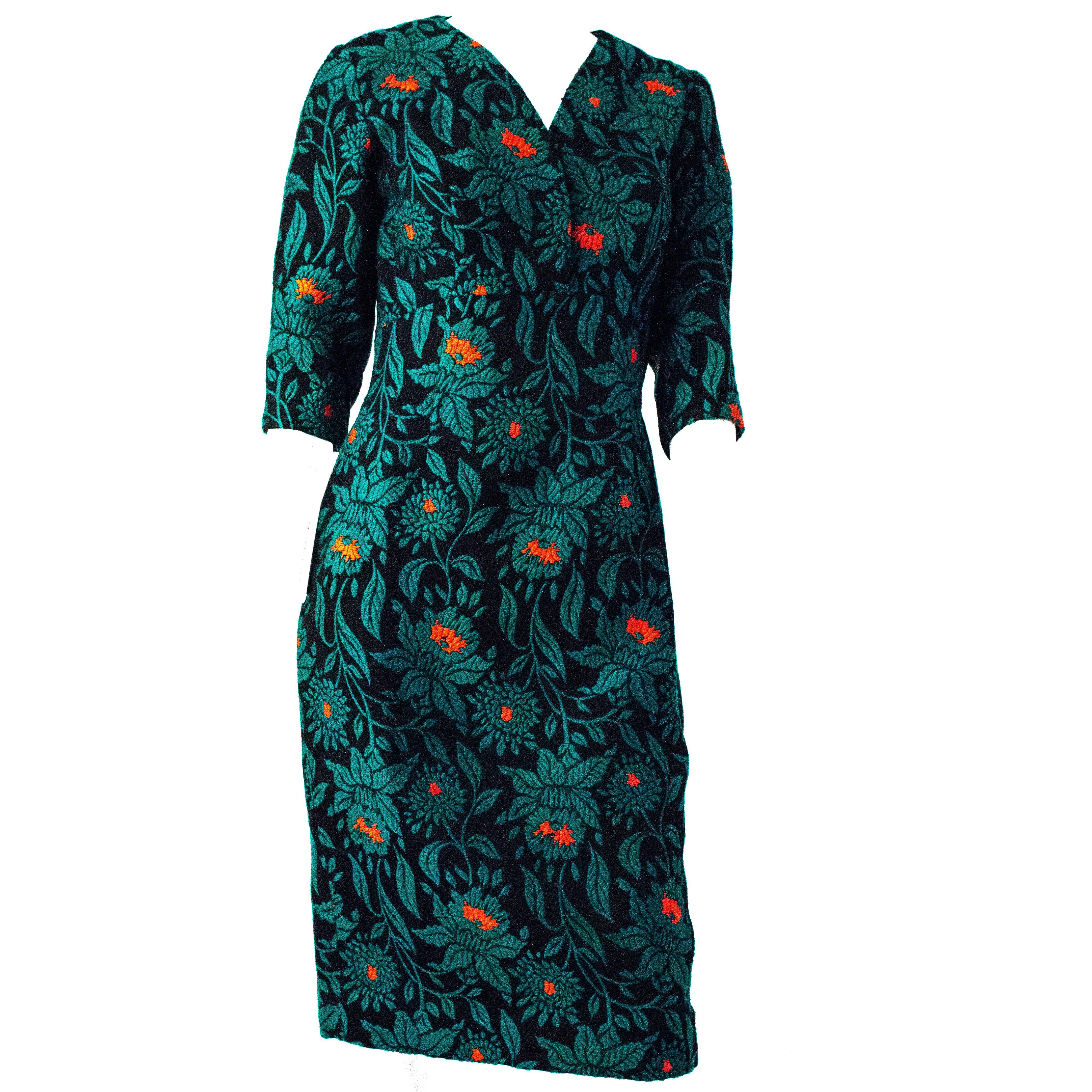 50s Green Wool Brocade Dress For Sale