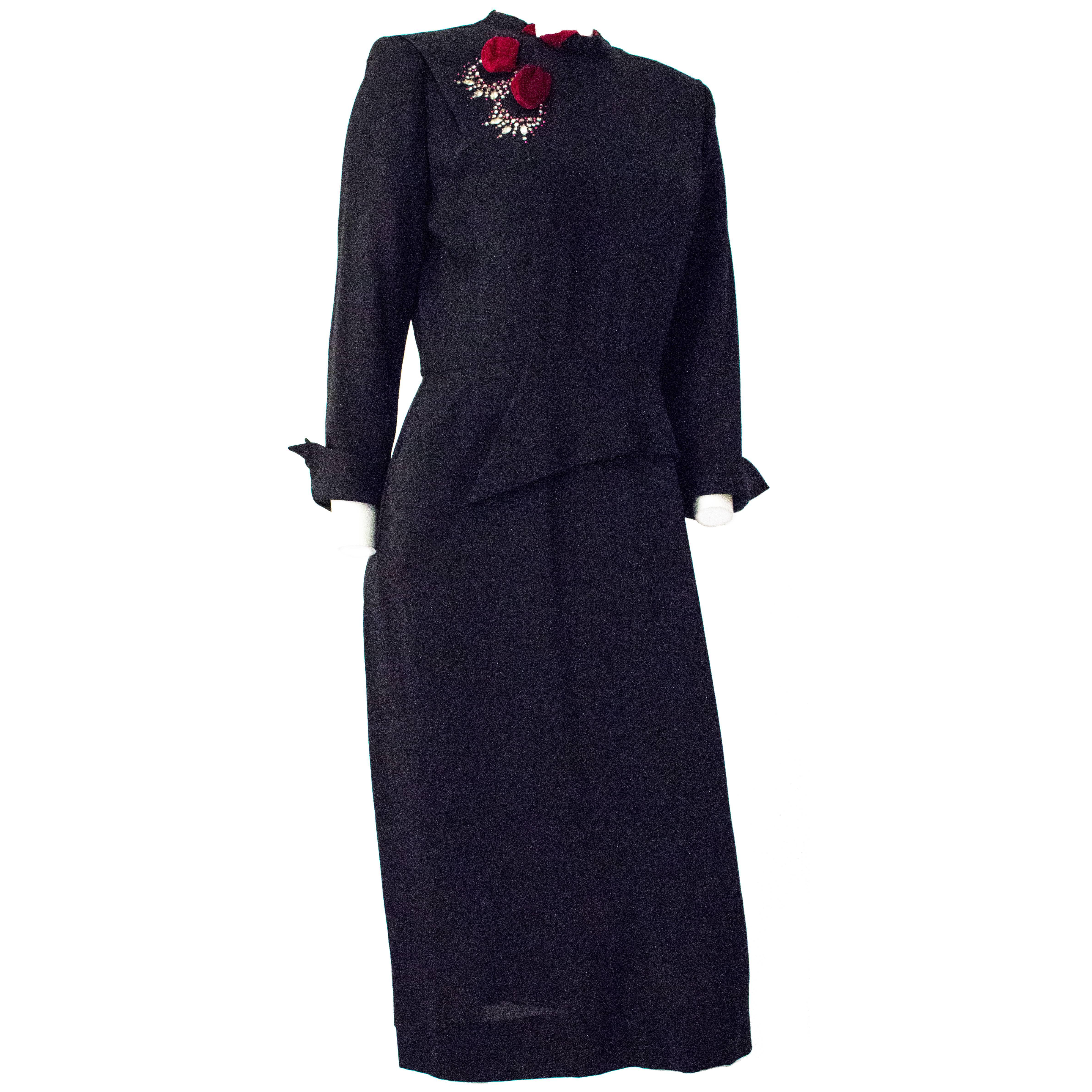 40s Peplum Dress with Velvet Rhinestone Appliqué For Sale