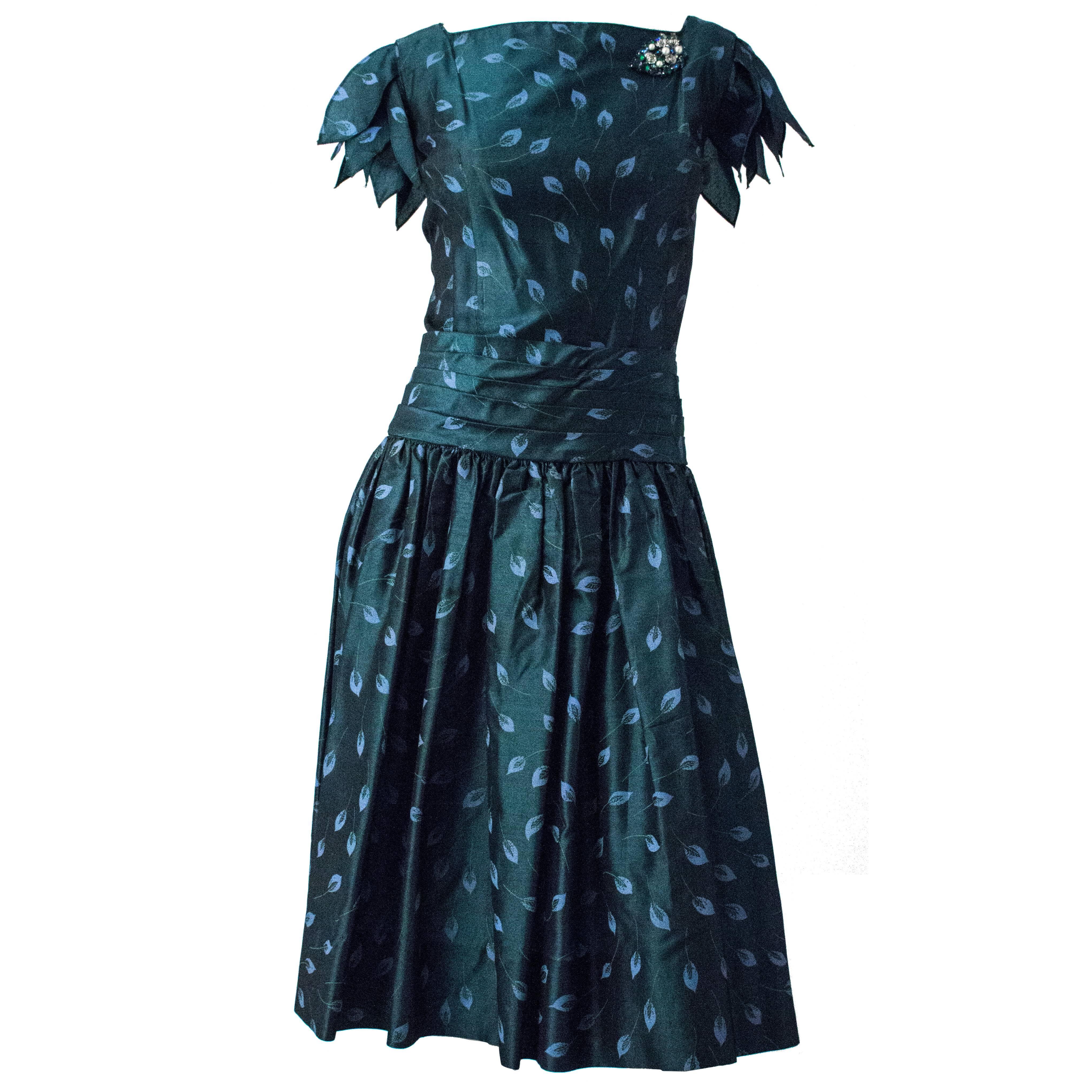 50s I Magnin Drop Waist Silk Taffeta Petal Sleeve Dress with Brooch For Sale