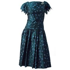 Retro 50s I Magnin Drop Waist Silk Taffeta Petal Sleeve Dress with Brooch