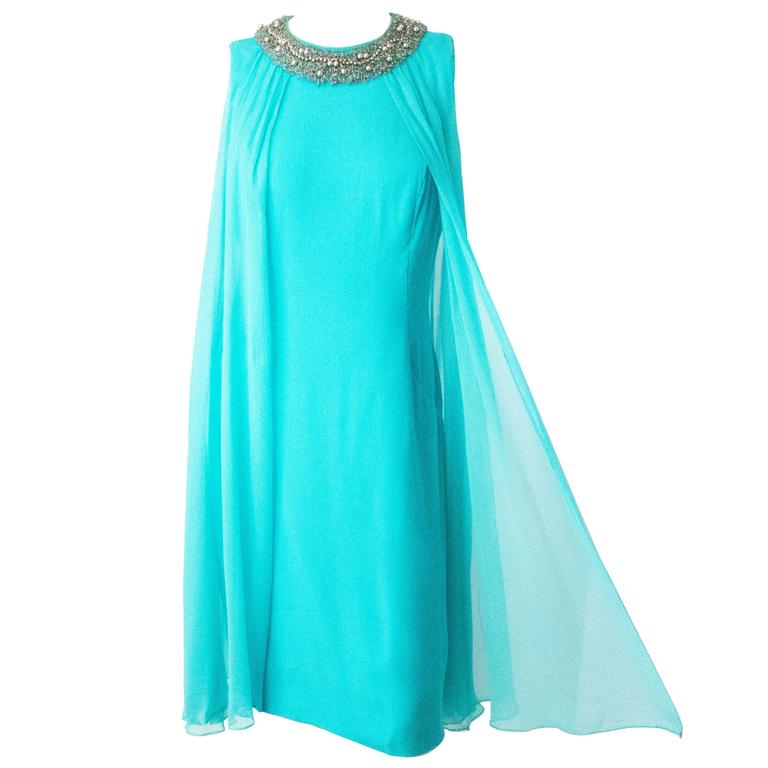 60s Silk Chiffon Tent Dress with Crystal and Pearl Beaded Collar at 1stDibs