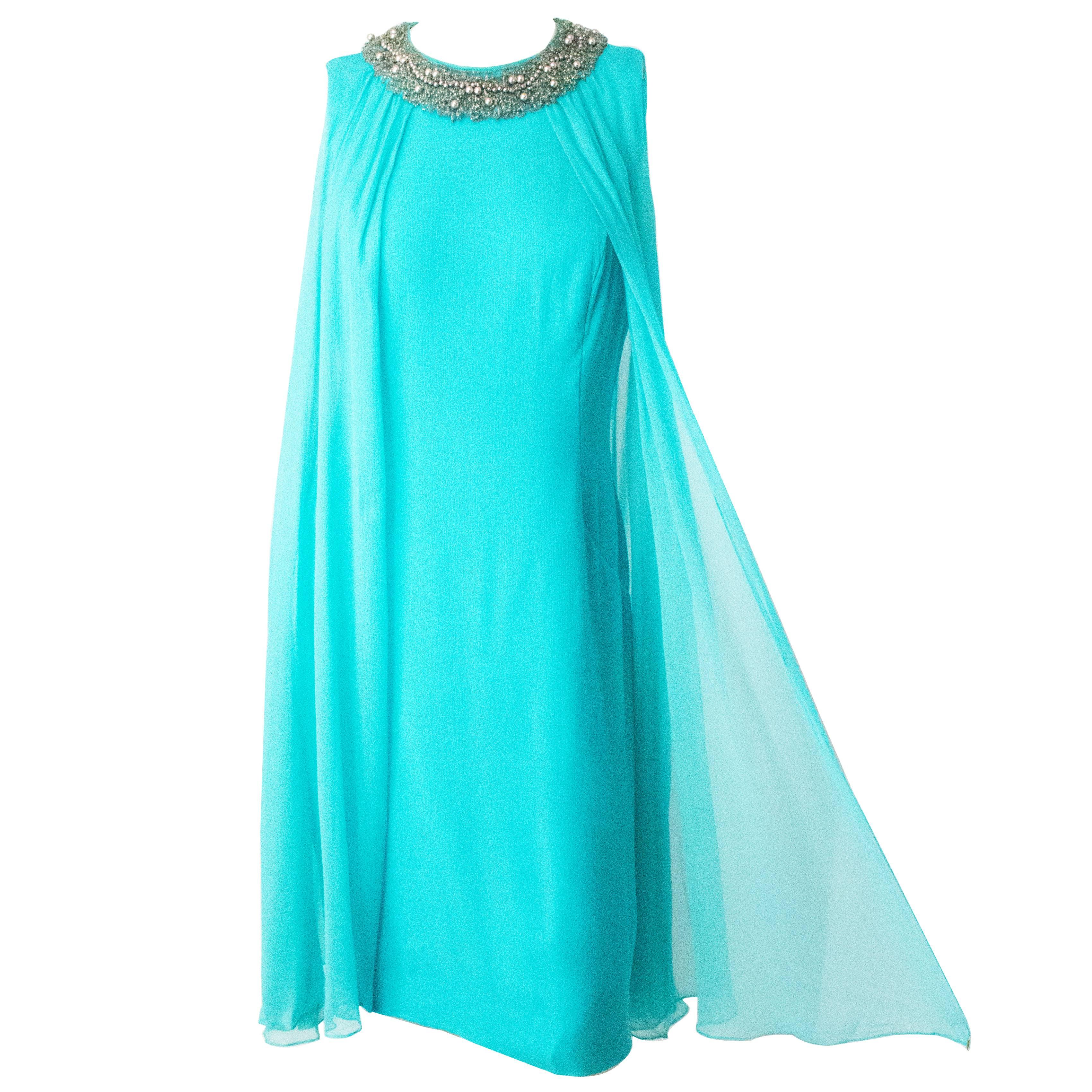 60s Silk Chiffon Tent Dress with Crystal and Pearl Beaded Collar