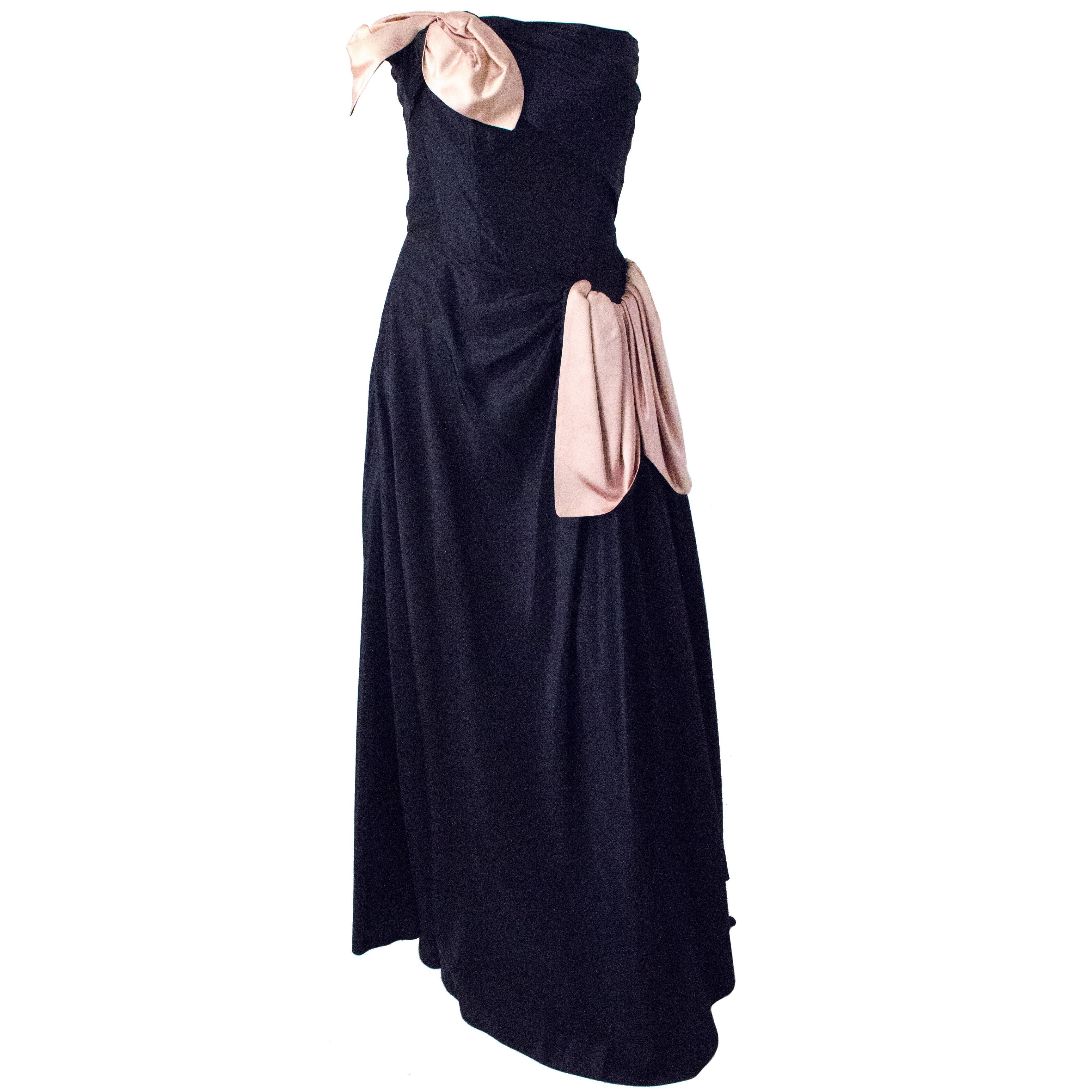 50s Navy Taffeta Strapless Gown with Pink Satin Hip & Bust Bow For Sale