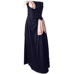 Vintage 50s Navy Taffeta Strapless Gown with Pink Satin Hip & Bust Bow