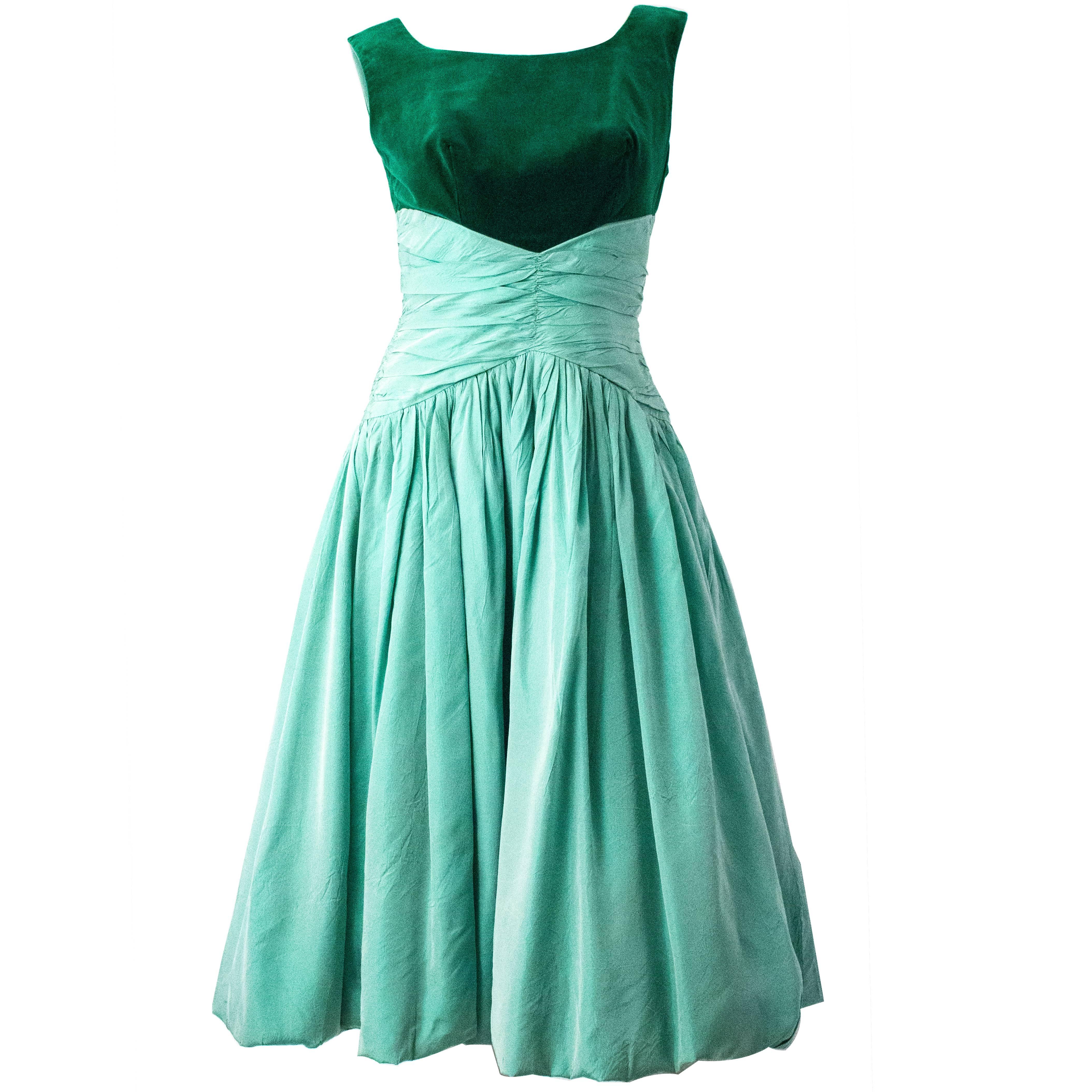 50s Green Velvet Taffeta Dress with Bubble Hem