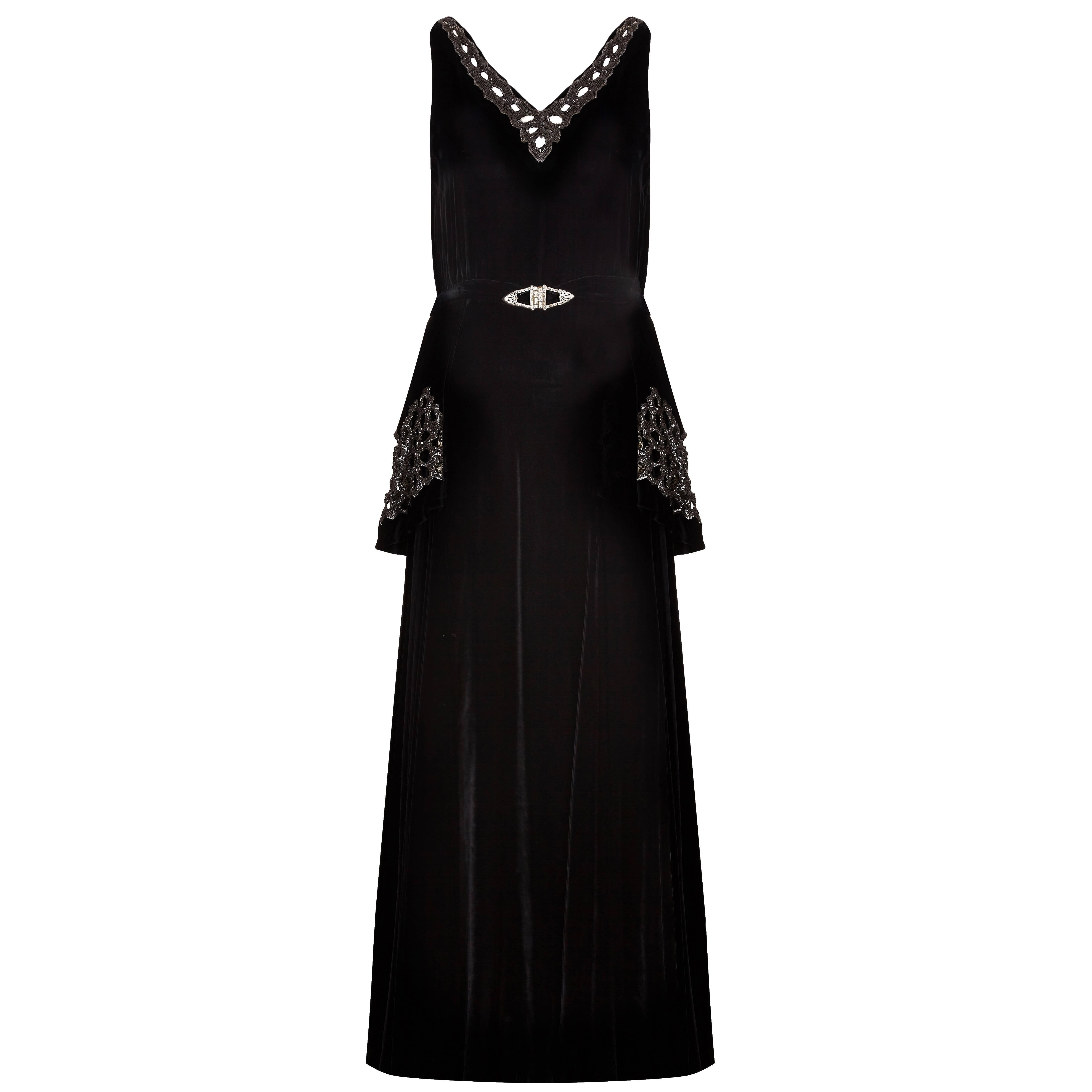 Sensational 1930s Black Velvet Beaded Cut Work Gown