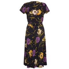 1940s Klafter & Sobel Navy Rayon Floral Crepe Dress with Corsage 10