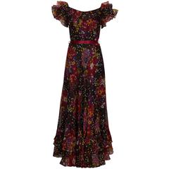 1970s Dianna Warren Silk Organza Floral Maxi Dress 