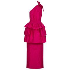 1980s Hot Pink Lanvin One Shoulder Dress With Peplum 8