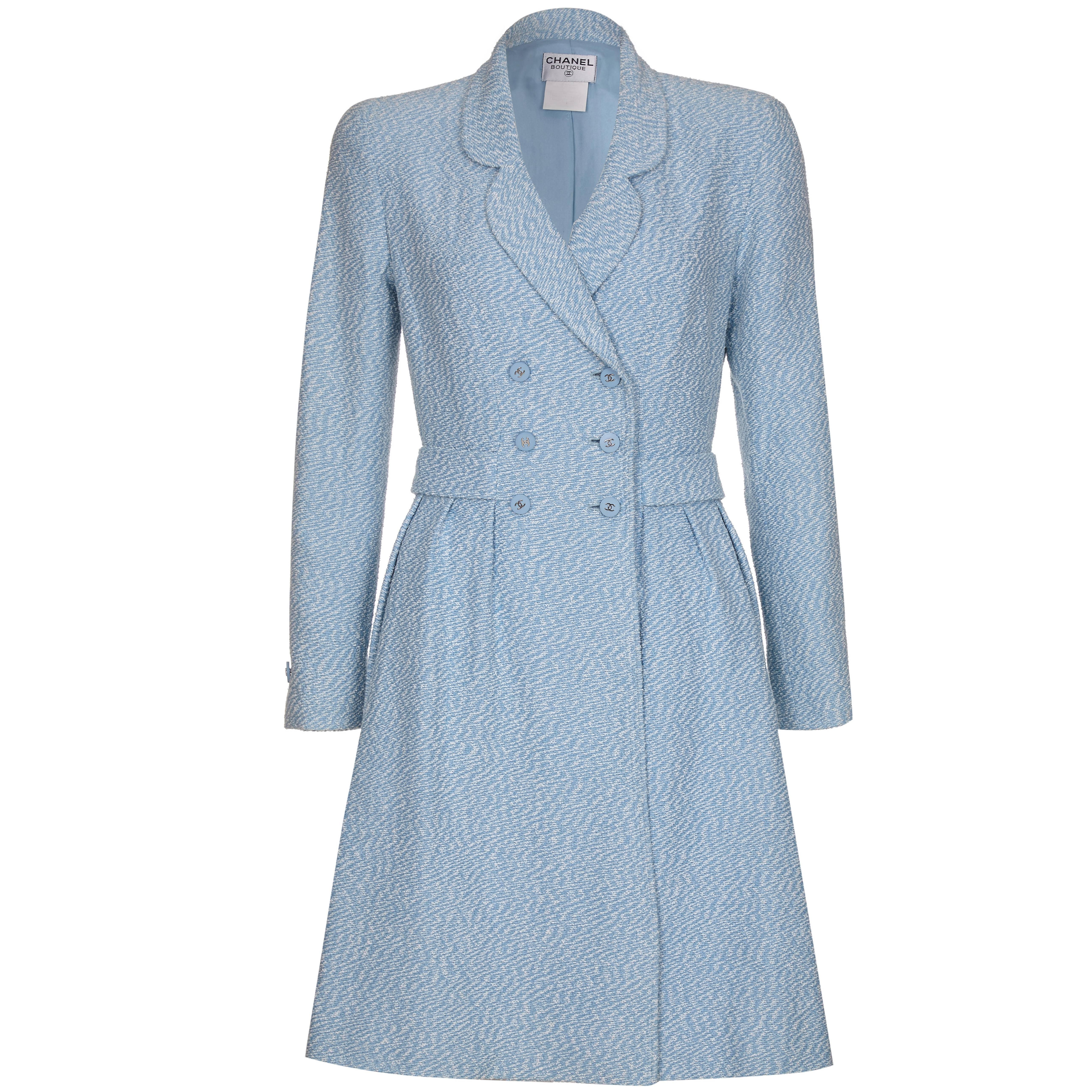 1990s Chanel Blue Tweed Dress Coat