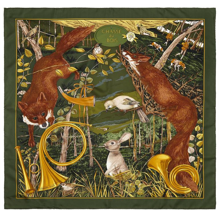 HERMES CHASSE au BOIS Forest Hunt Silk scarf green