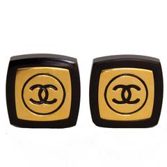 80s Chanel Black & Gold Plated Logo Clip-on Earrings
