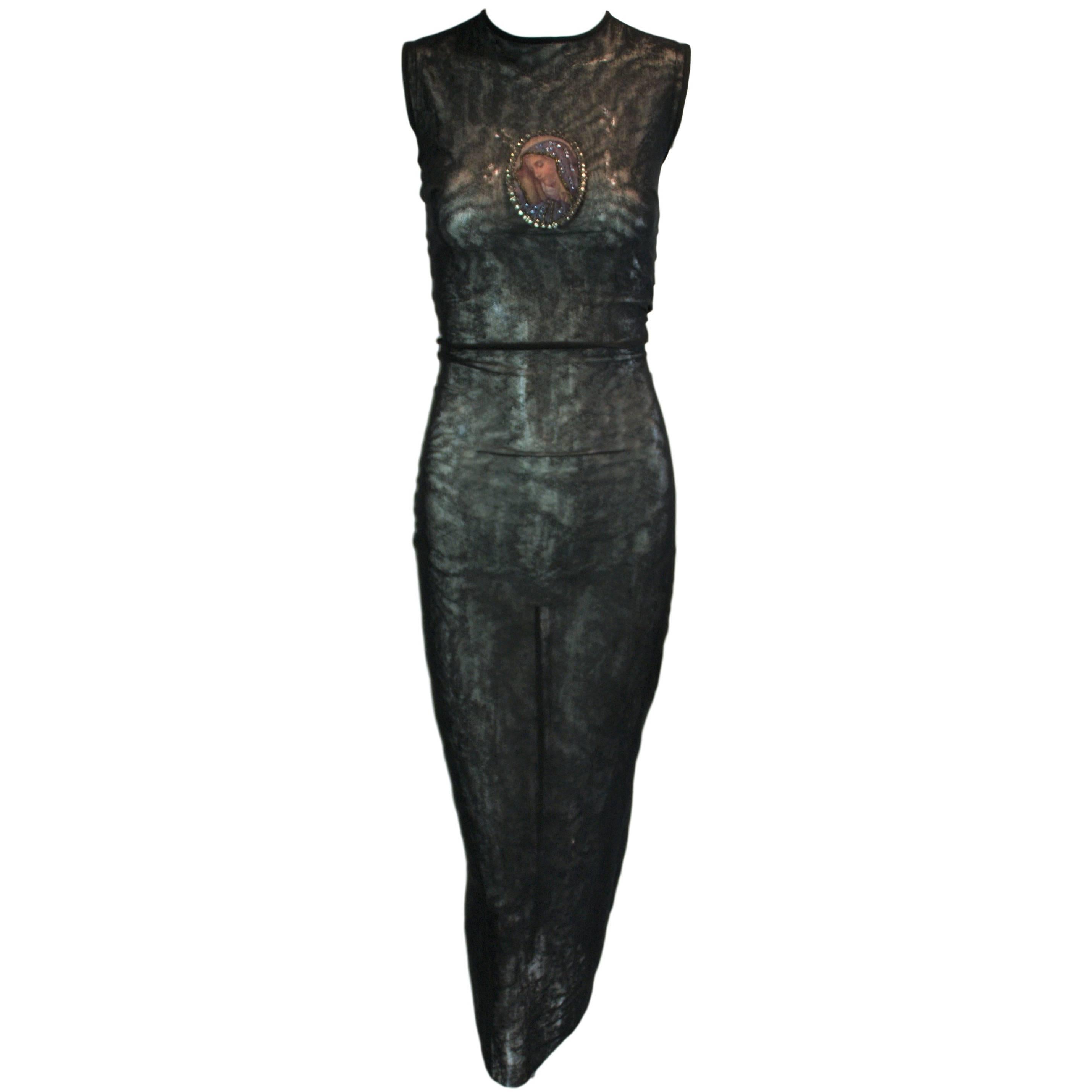 S/S 1998 NWT Dolce & Gabbana Runway Sheer Black Mesh Crystal Madonna Long Dress