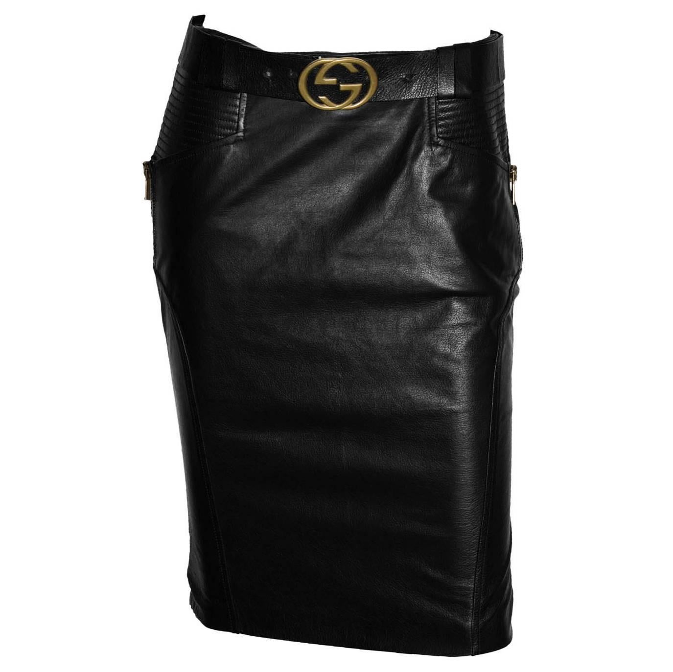 The Most Heavenly Tom Ford Gucci FW 2003 Black Leather Skirt & Belt! IT 42