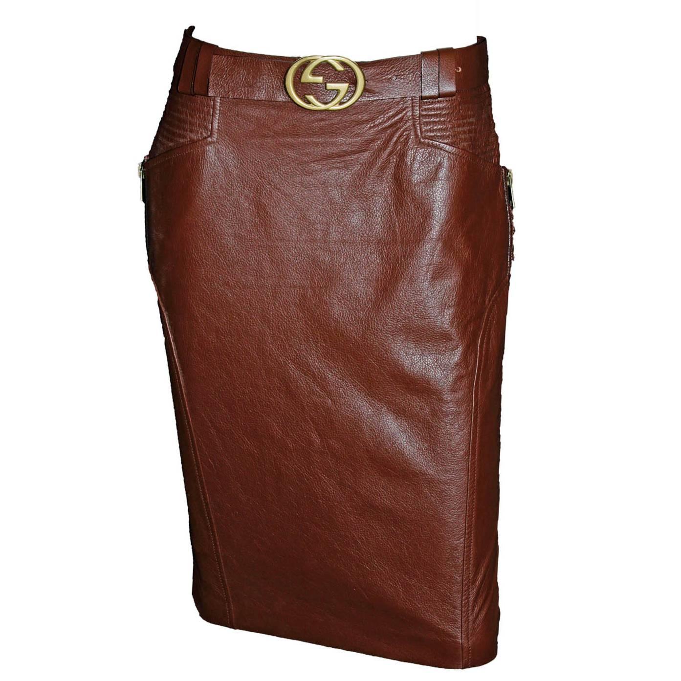 Free Shipping: Heavenly Tom Ford Gucci FW 2003 Brown Leather Skirt & Belt! IT 42