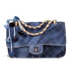 Chanel New Pom Pom Denim Bag 2015 Blue Quilted Charm CC Logo Chain Flap Handbag