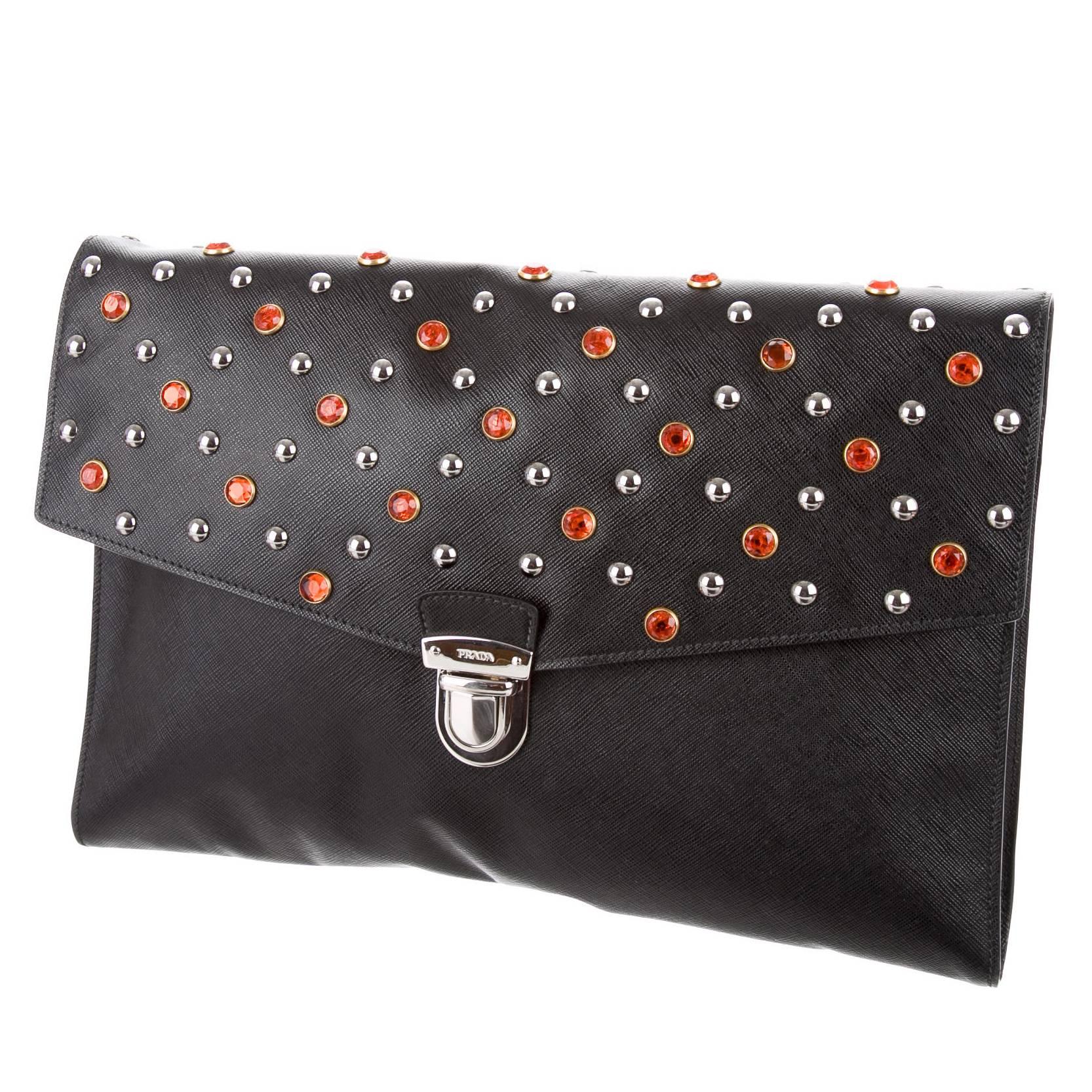 Prada Black Leather Red Crystal Silver Embellished Envelope Flap Clutch Bag