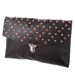 Prada Black Leather Red Crystal Silver Embellished Envelope Flap Clutch Bag