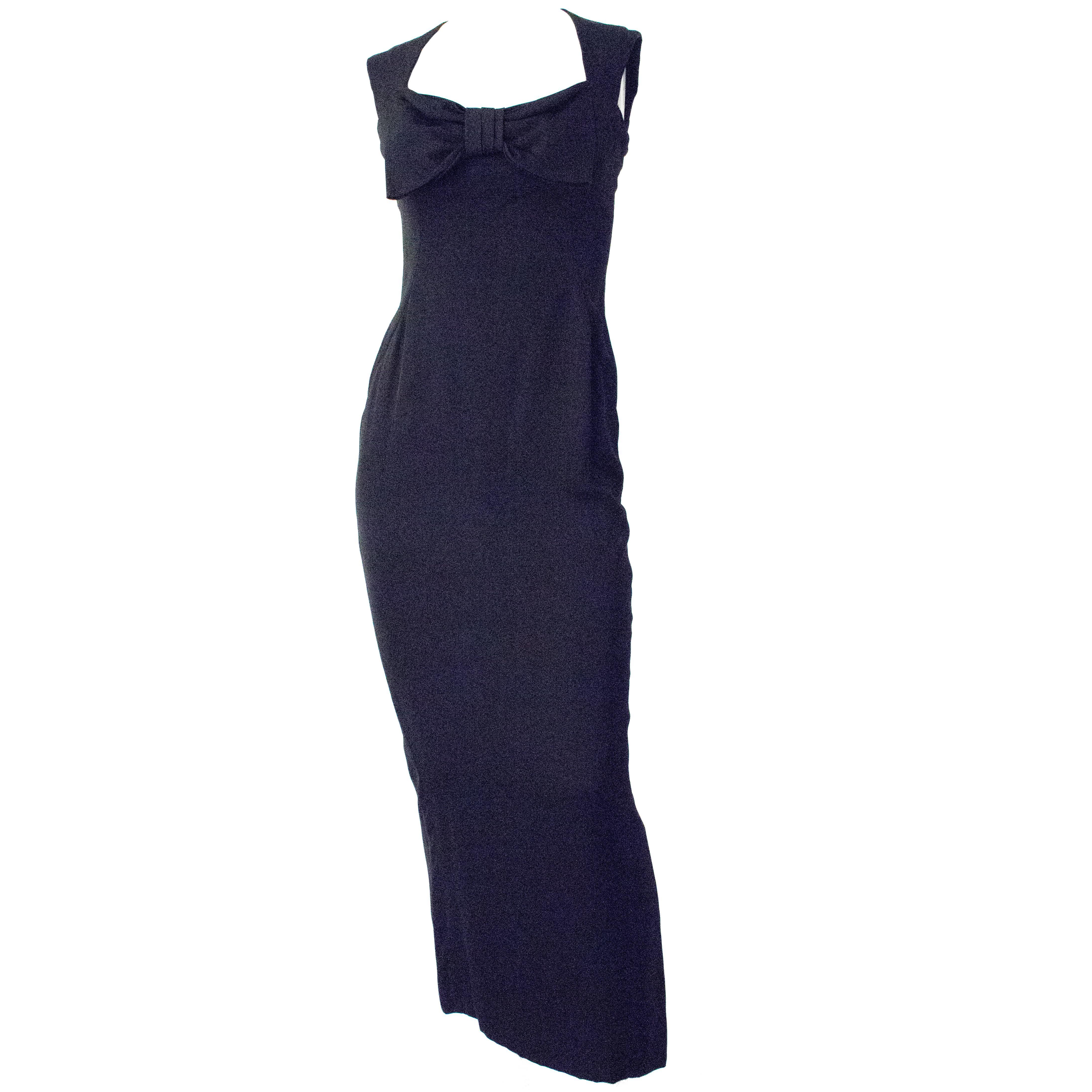 60s Black Bow Joseph Magnin Column Dress For Sale