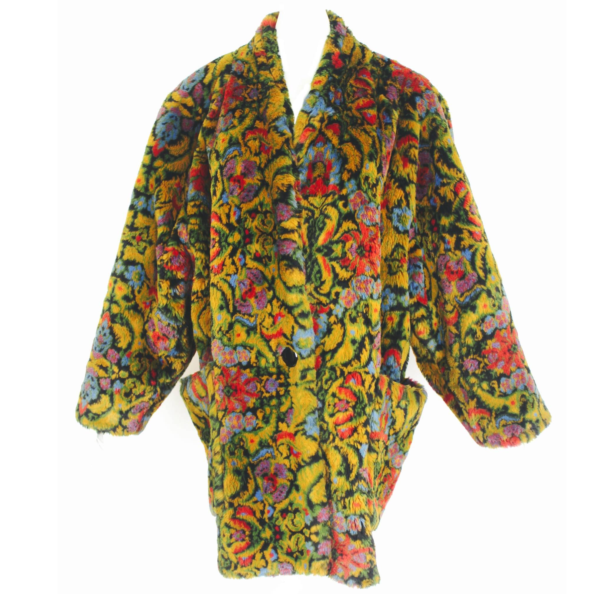 Guy Laroche 1980s Faux Fur Tapestry Design Coat