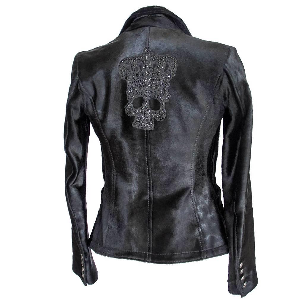 JOHN GALLIANO Jacket Glossy Black Pony Diamante Crowned Skull Rear  38 / 4