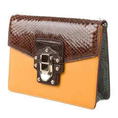 Dolce & Gabbana Leather Snakeskin Colorblock Turnlock Clutch Flap Bag