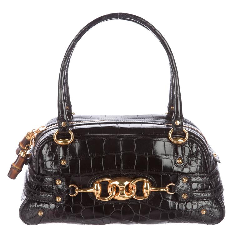 Gucci Rare Ltd Edition Black Animal Skin Gold Horsebit Top Handle Satchel  Bag at 1stDibs
