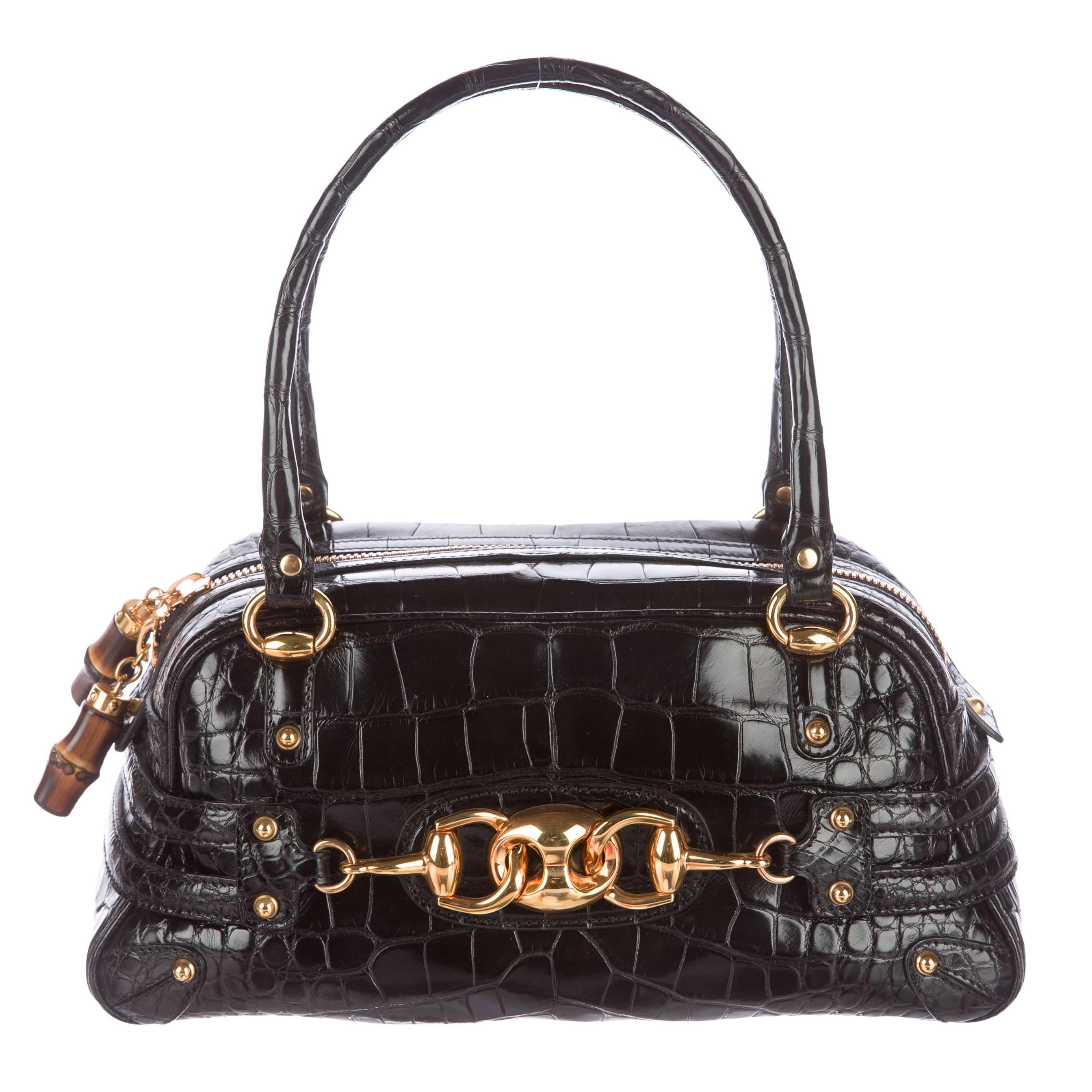 Gucci Rare Ltd Edition Black Animal Skin Gold Horsebit Top Handle Satchel Bag
