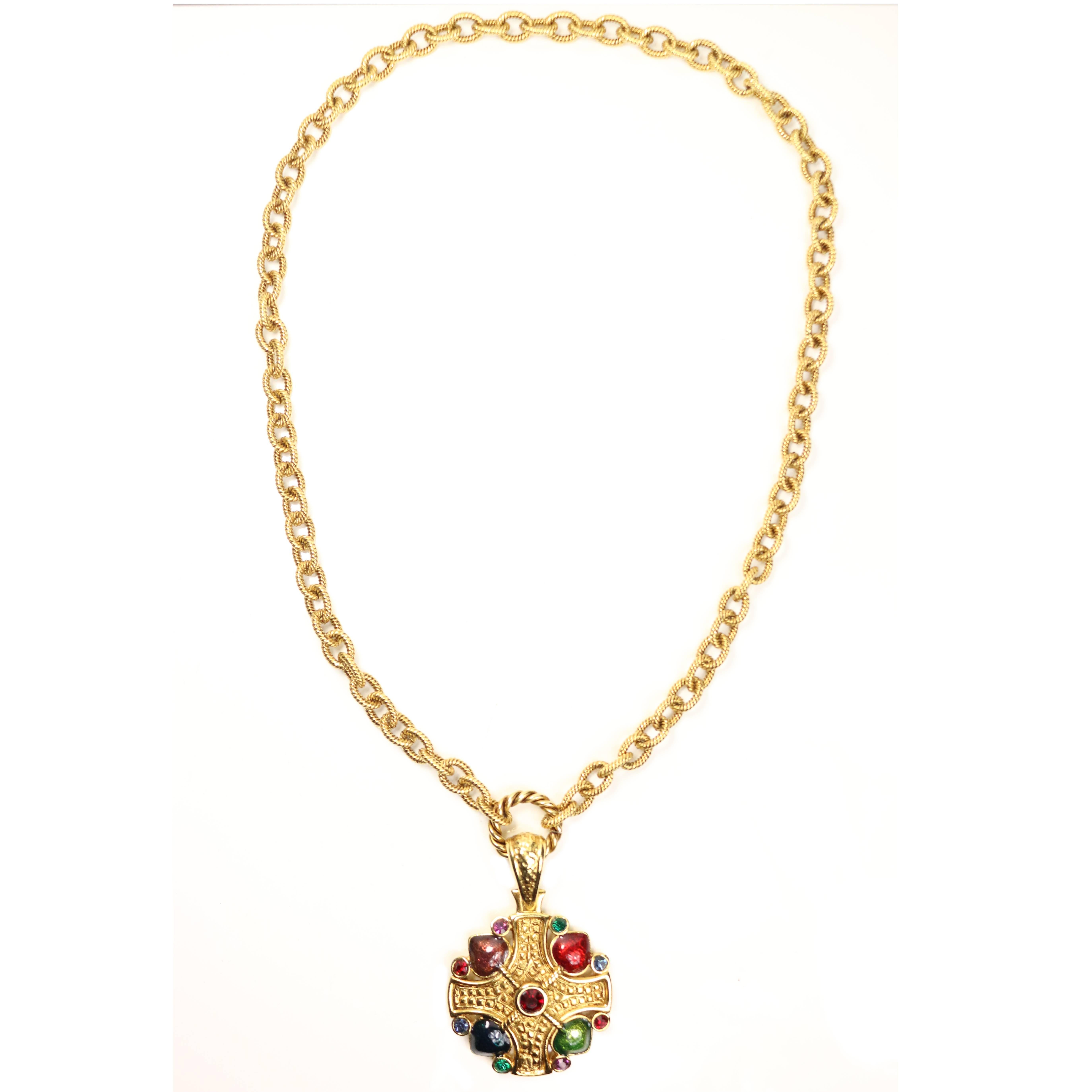 Gold Toned Cross Multi Colour Cabochon and Rhinestone Pendant Gold Link Necklace