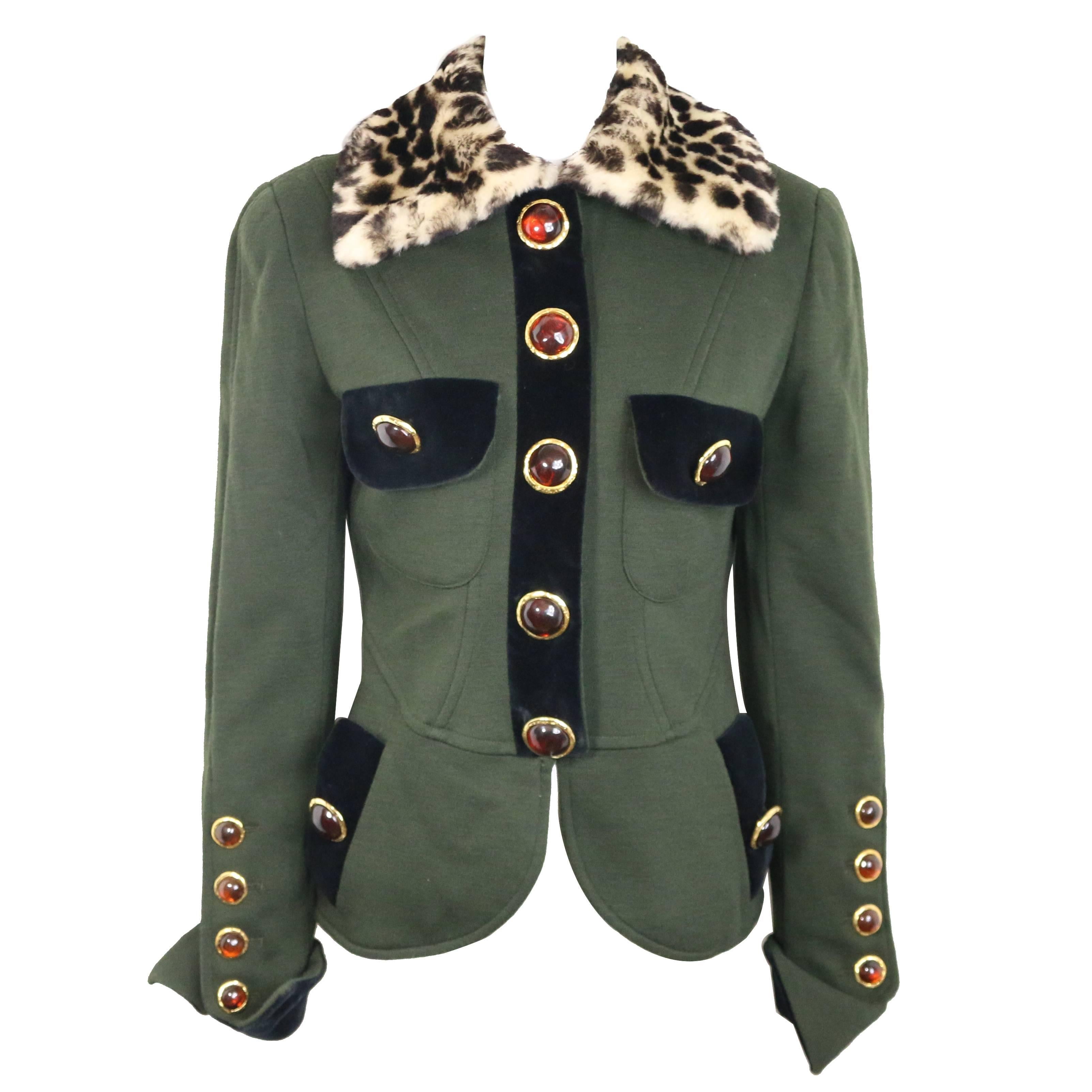Gemma Kahng Green Wool with Detachable Leopard Fur Collar Jacket